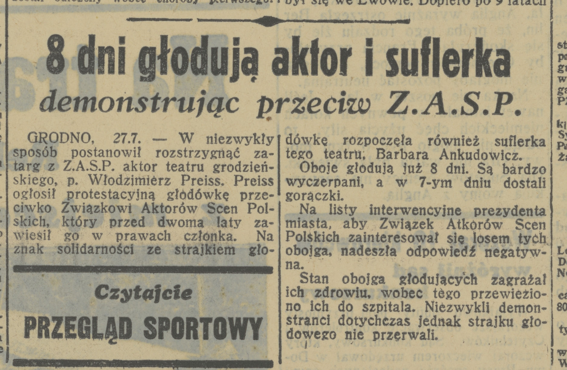 Notatka o strajku głodowym Ankudowicz i Preissa, „Dobry Wieczór – Kurier Czerwony” z 27 lipca 1938 (nr 205).